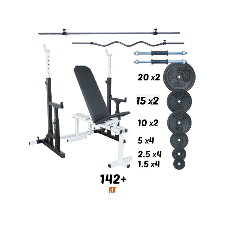 Лава + стійки + штанги пряма та з W-подібним грифом + гантелі Комплект 142кг гранілітові диски не метал W_9050, фото 1