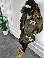 Молодежная мужская теплая зимняя куртка-парка "Open" оливковая с надписями - S, M, L, XL, 2XL