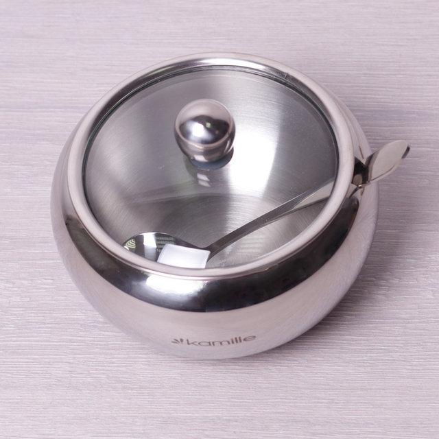 Цукорниця з неіржавкої сталі з ложечкою та скляною кришкою Kamille 460 мл, фото 1