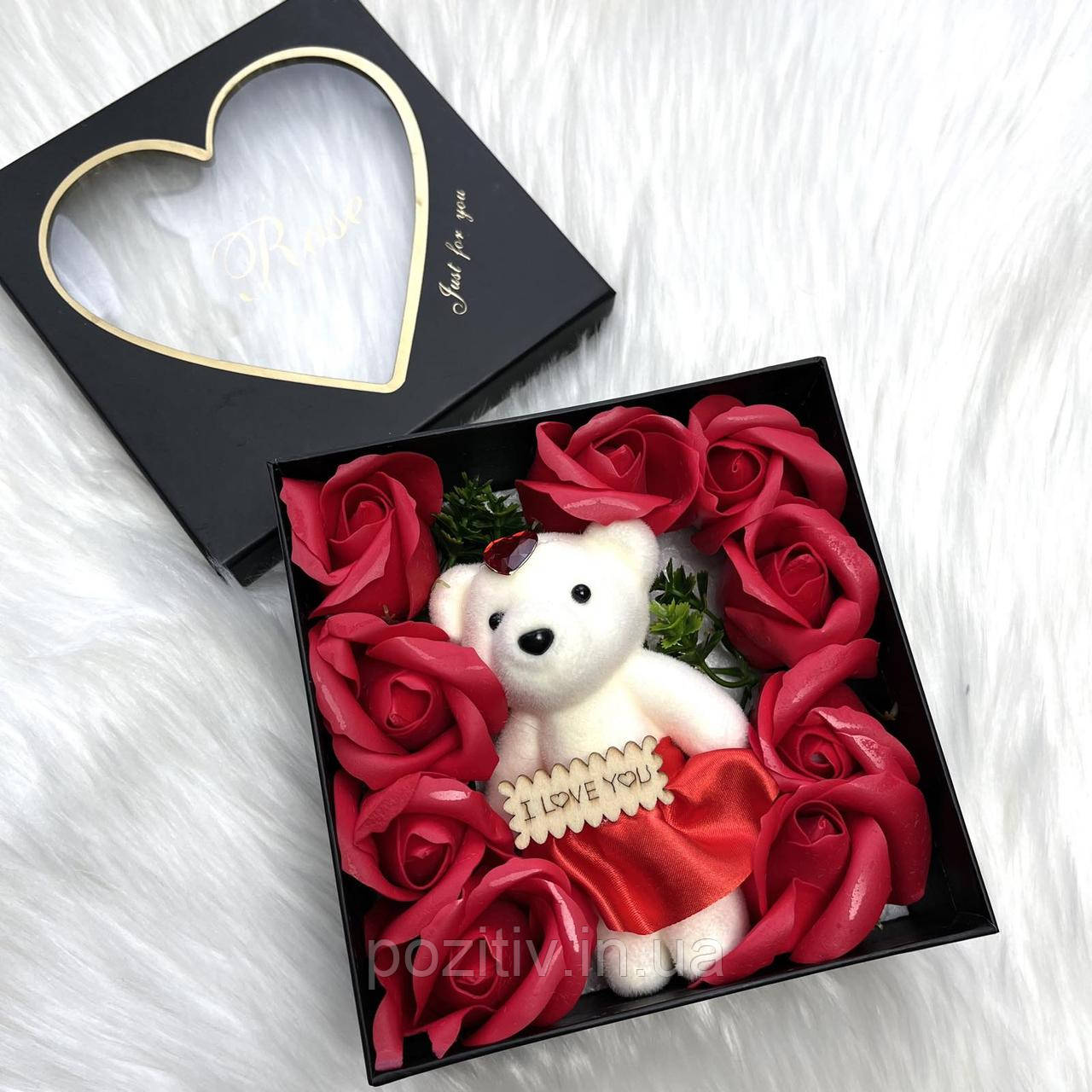 Набір троянди з мила в коробці з мишком подарунок на 14 лютого мамі / подрузі / дівчину / сестри