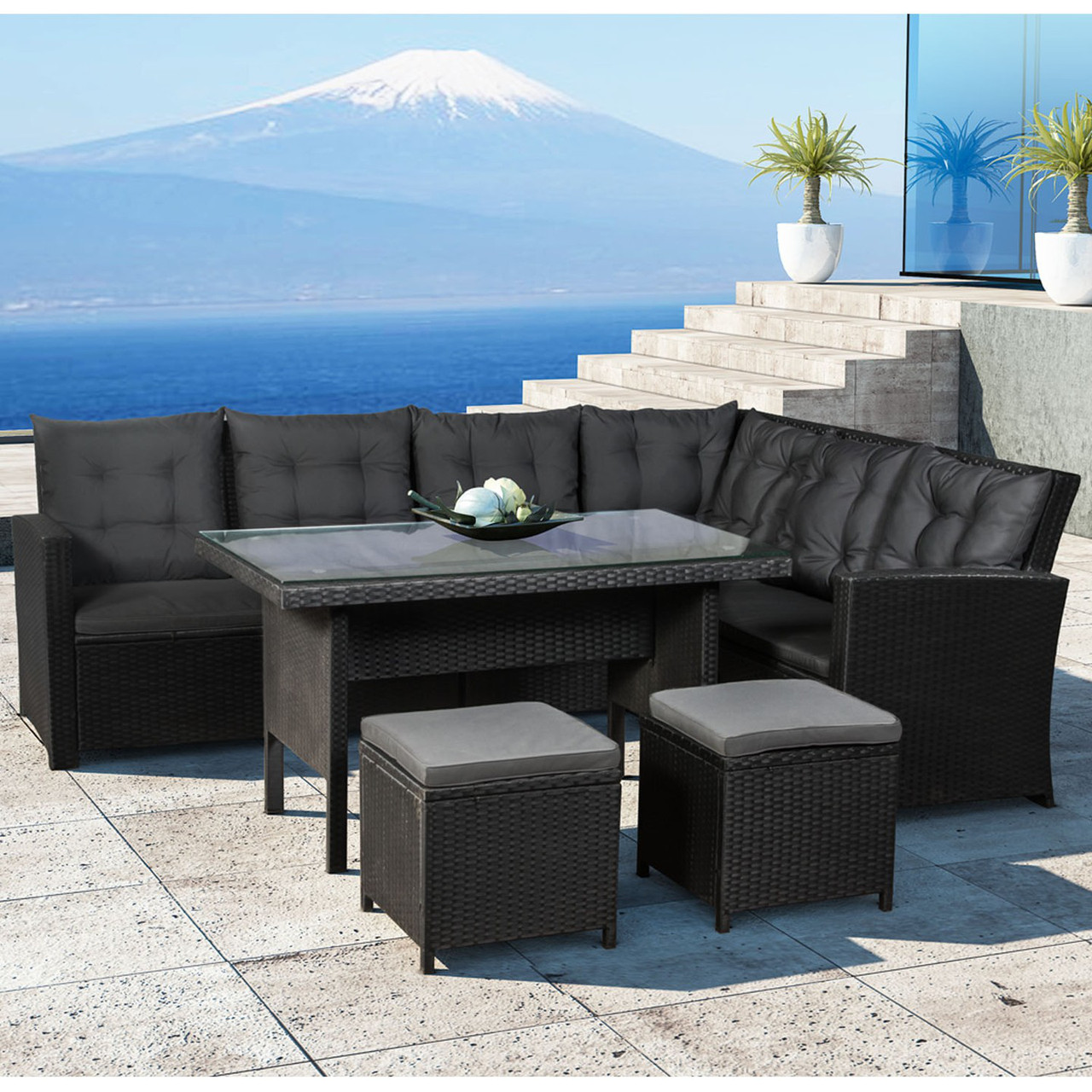 Садовий кутовий диван на 6 персон із  штучного ротангу + пуфики!