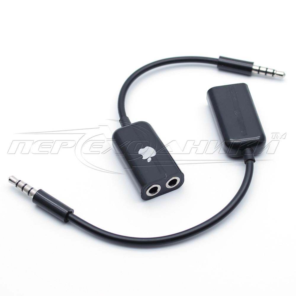 Перехідник штекер 3.5 мм 4 pin на 2 гнізда 3.5 мм (мікрофон + навушники), чорний