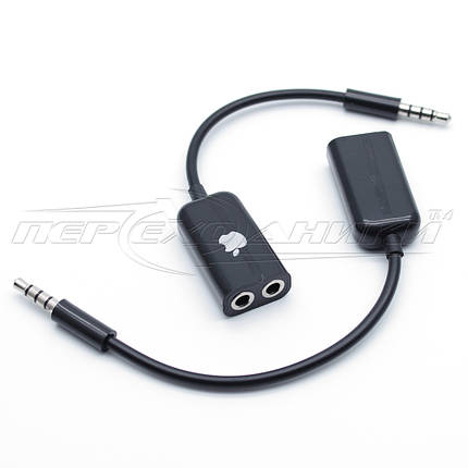 Перехідник штекер 3.5 мм 4 pin на 2 гнізда 3.5 мм (мікрофон + навушники), чорний, фото 1
