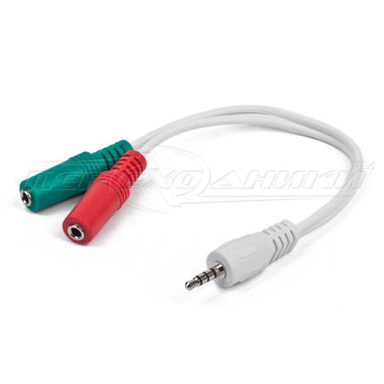 Перехідник 3.5 мм штекер 4 pin на 2 гнізда 3.5 мм (мікрофон + навушники), білий, фото 1