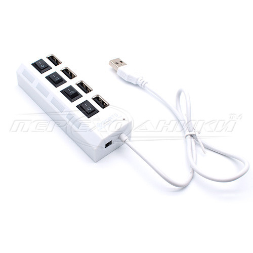Hi-Speed USB 2.0 HUB, Support 500 Gb HDD, на 4 порти з перемикачем на кожен порт, білий