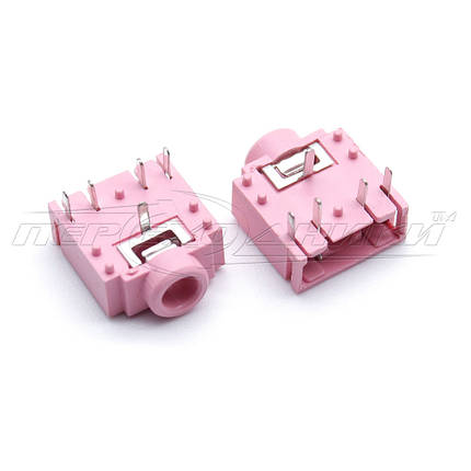 Роз'єм PJ-307-5P гніздо 3.5 мм стерео, монтажне на плату з вимикачем (пластик), рожевий, фото 1