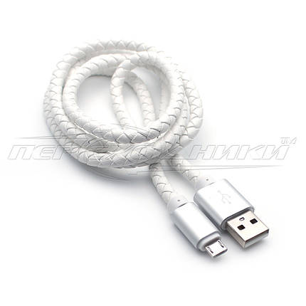Преміумкабель USB to micro USB, шкіряне плетіння, білий, 1 м, фото 1