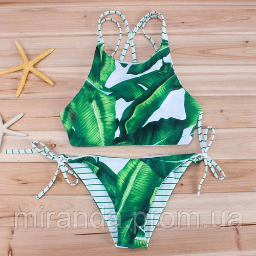 Купальник женский раздельный двухсторонний хай-нек с принтом Листья ...