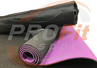 Коврик Yoga mat TPE+TC 6мм + ЧЕХОЛ двухслойный для йоги и фитнеса, йогамат, мат-каремат черный-фиолетовый