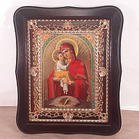 Икона Почаевская Пресвятая Богородица, лик 15х18 см, в темном деревянном киоте с камнями