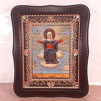 Икона Спорительница хлебов Пресвятая Богородица, лик 15х18 см, в темном деревянном киоте с камнями