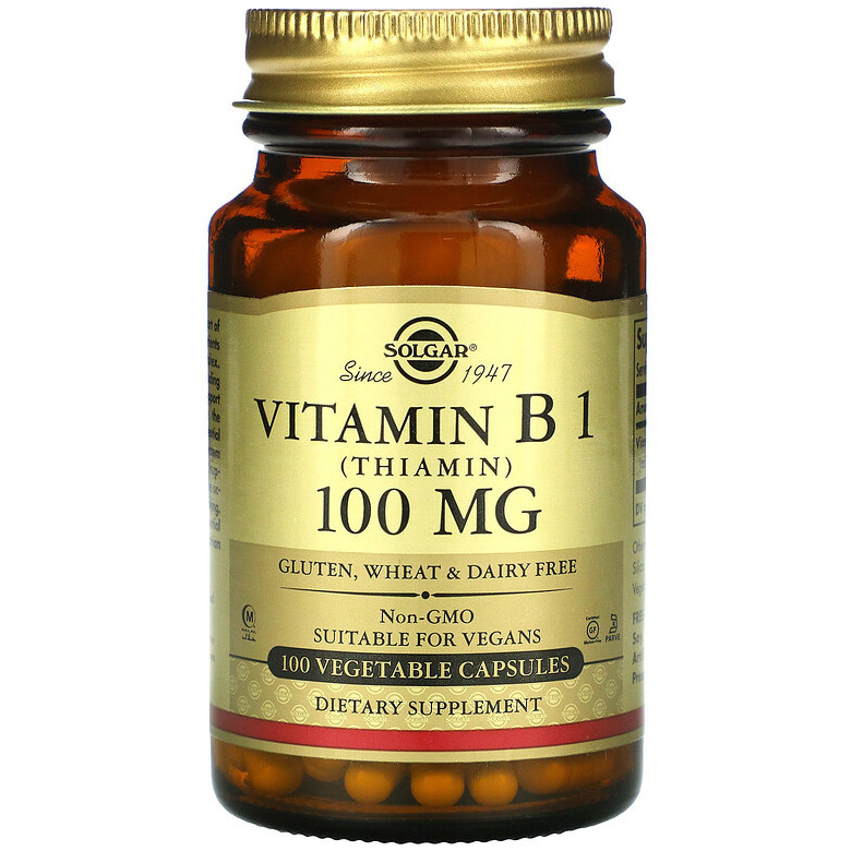Вітамін В1, SOLGAR "B1 (Thiamin)" для здоров'я нервової системи, 100 мг (100 капсул)