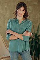 Елегантна літня жіноча штапельна блуза кольору морської хвилі з вишивкою №6008-2