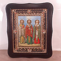Ікона Василь, Григорій та Іоанн святителі, лик 15х18 см, у темному дерев'яному кіоті з камінням