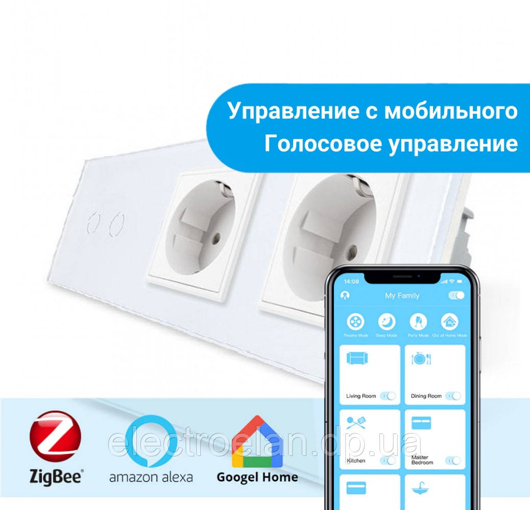 Сенсорний Wi-Fi вимикач Livolo ZigBee 2 канали з двома розетками білий скло (VL-C702Z/C7C2EU-11)