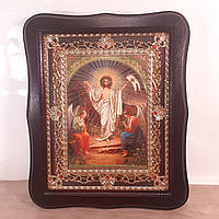 Икона Христово Воскресенье, Пасха, лик 15х18 см, в темном деревянном киоте с камнями