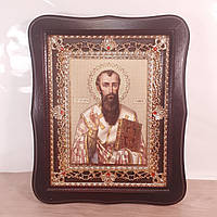 Икона Василий Великий Святитель, лик 15х18 см, в темном деревянном киоте с камнями