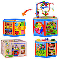 Развивающий центр-игрушка, WD2723, деревянный сортер-куб, 5 активных панелей, серпантинка