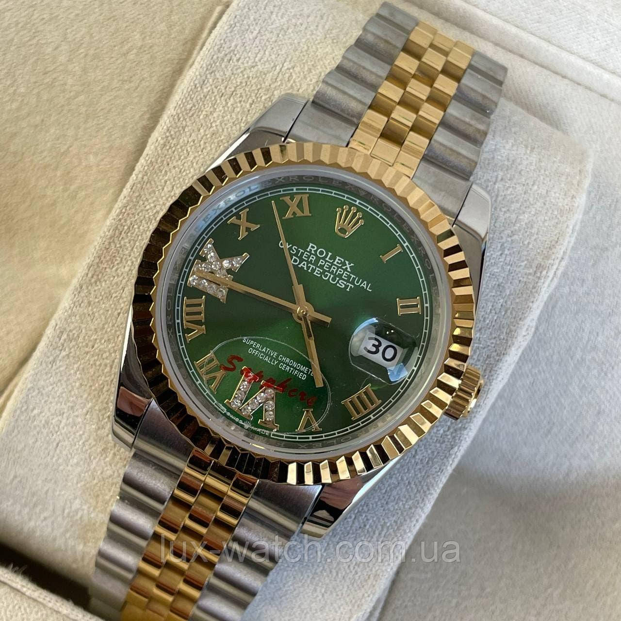 Годинник наручний Rolex DateJust 36mm. Silver-Gold-Green преміального ААА класу