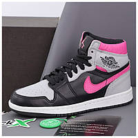 Женские кроссовки Nike Air Jordan 1 Retro High Pink/Black/Grey, кожаные кроссовки найк аир джордан 1 хай