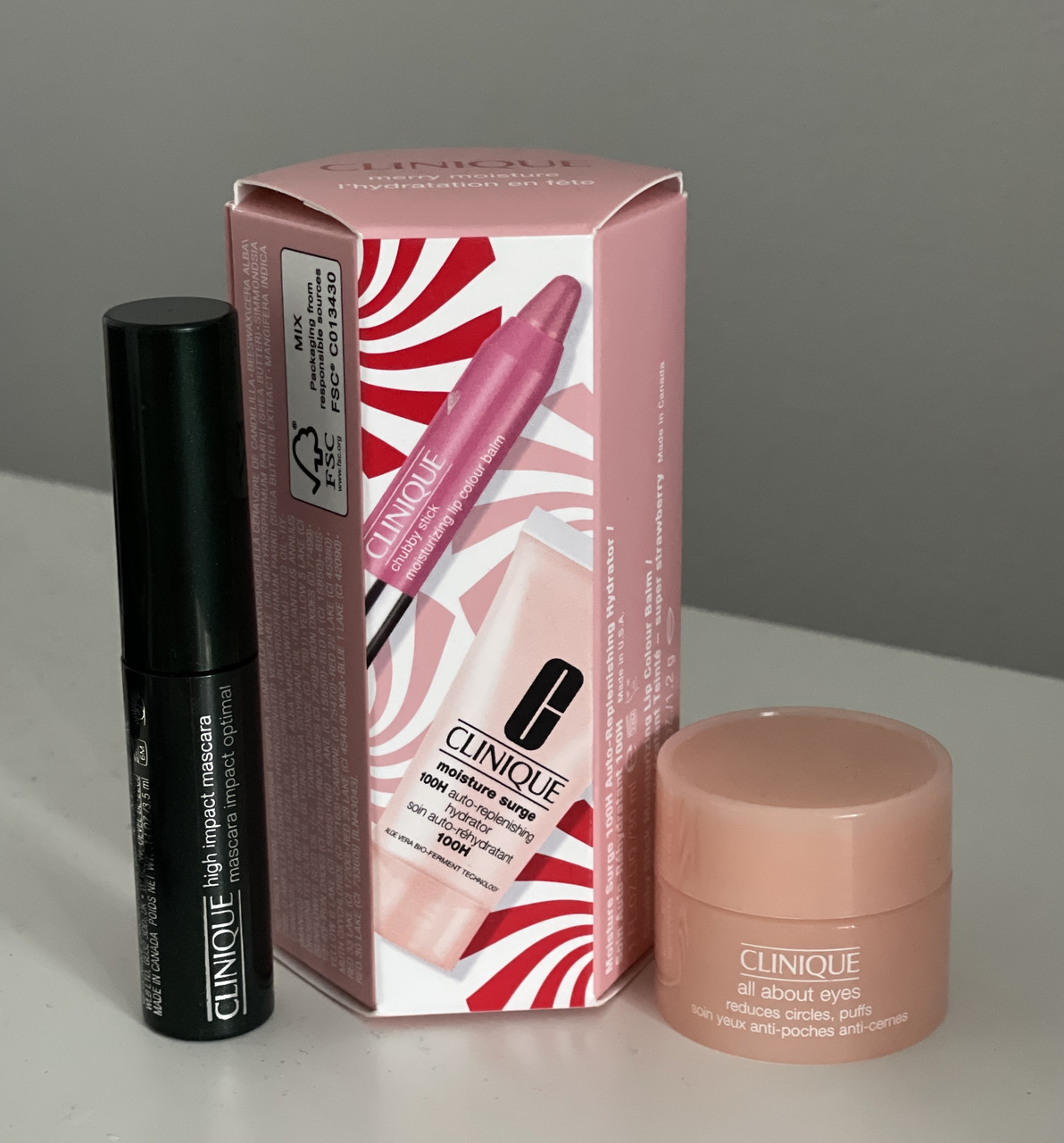 Clinique moisture surge 30ml + chubby stick 1.2g, High impact mascara 3,5ml, all about eyes 5ml