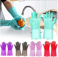 Силиконовые перчатки для мытья посуды с щеткой рифленые KITCHEN GLOVES 5511