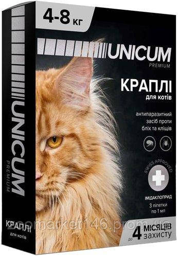 Краплі Unicum Premium від бліх та кліщів для котів вагою від 4 кг, 1 піпетка