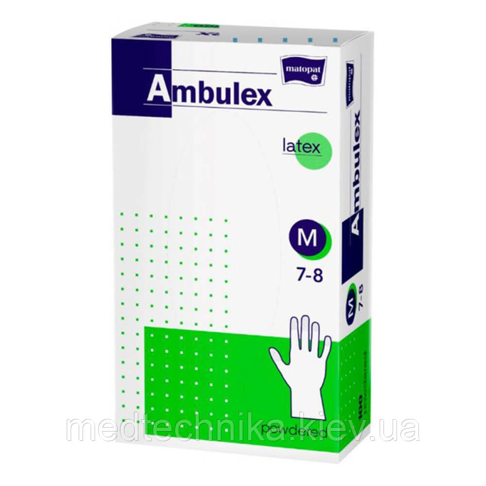 Рукавички оглядові нестерильні латексні припудрені Ambulex, розмір S, 100 шт., (50 пар), Matopat-S, фото 1