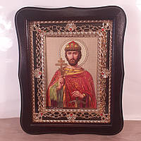 Икона Игорь святой благоверный князь, лик 15х18 см, в темном деревянном киоте с камнями