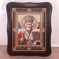 Икона Николая Чудотворца Святителя, лик 15х18 см, в темном деревянном киоте с камнями