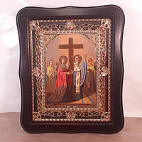 Икона Воздвижение креста Господнего, лик 15х18 см, в темном деревянном киоте с камнями