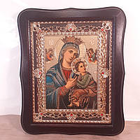 Икона Страстная Пресвятая Богородица, лик 15х18 см, в темном деревянном киоте с камнями