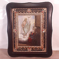 Ікона Благовіщення Пресвятої Богородиці, лик 15х18 см, у темному дерев'яному кіоті з камінням