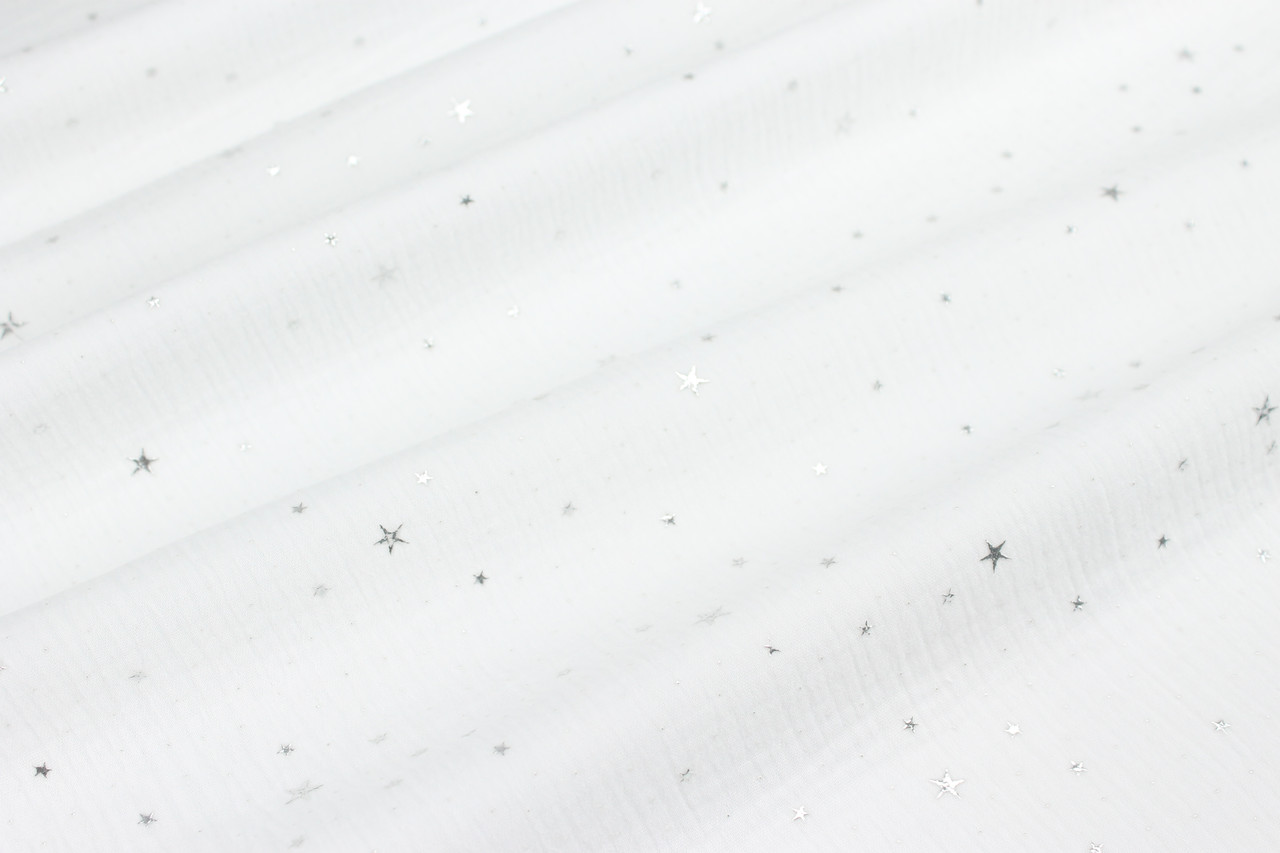 Двошаровий жатий муслін зі срібними зірочками на білому тлі, ширина 140 см NoМЖ-3-51, фото 1