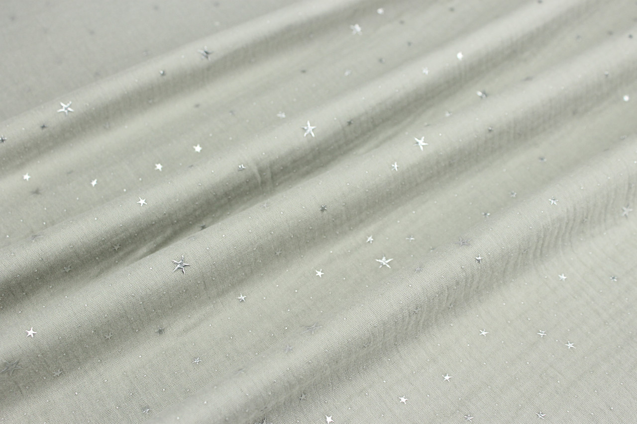Двошаровий жатий муслін зі срібними зірочками на сірому тлі, ширина 140 см NoМЖ-3-52, фото 1
