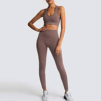 Спортивный женский костюм для фитнеса бега йоги. Спортивные лосины леггинсы топ для фитнеса, р. M (коричневый)
