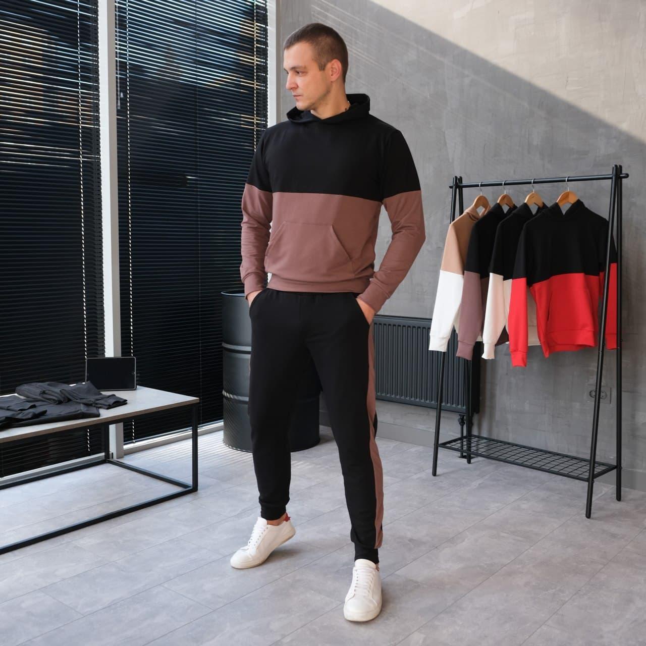 Спортивний костюм чоловічий із лампасами чорний з коричневим Shop | Весняний осінній спортивний костюм