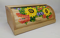 Дерев'яна хлібниця ручної роботи "Соняшник" з бука 37x27 см, висота 17 см світла, з оригінальним малюнком соняхів і калини