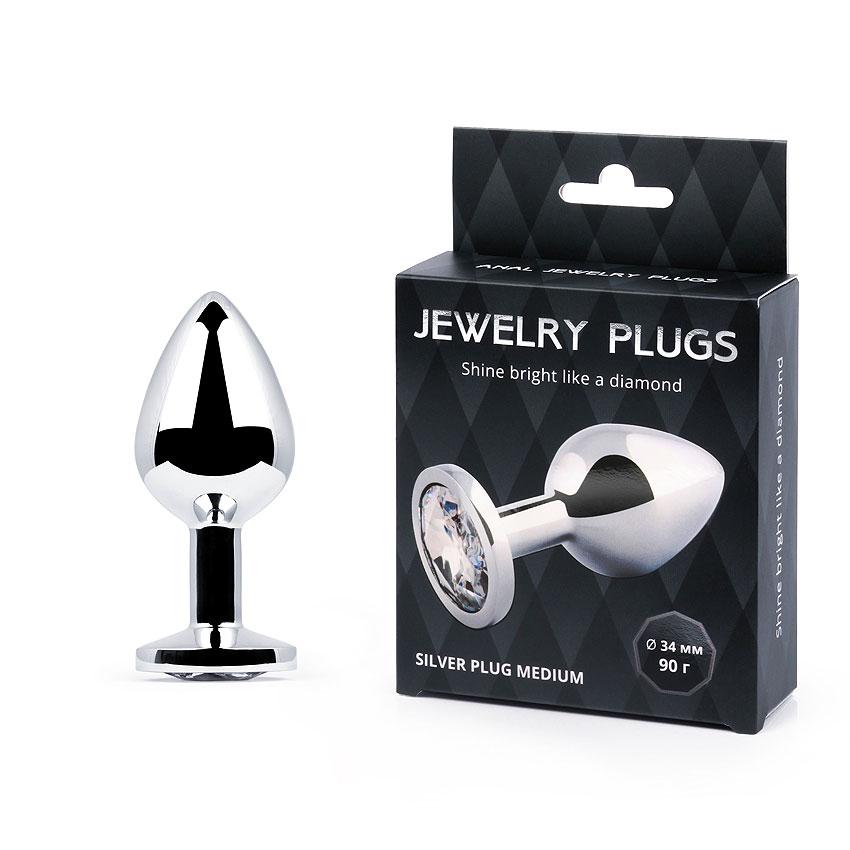 Металева Анальна пробка із кристалом SILVER PLUG MEDIUM L 82 мм, D 34 мм, вага 90г, колір кристалу