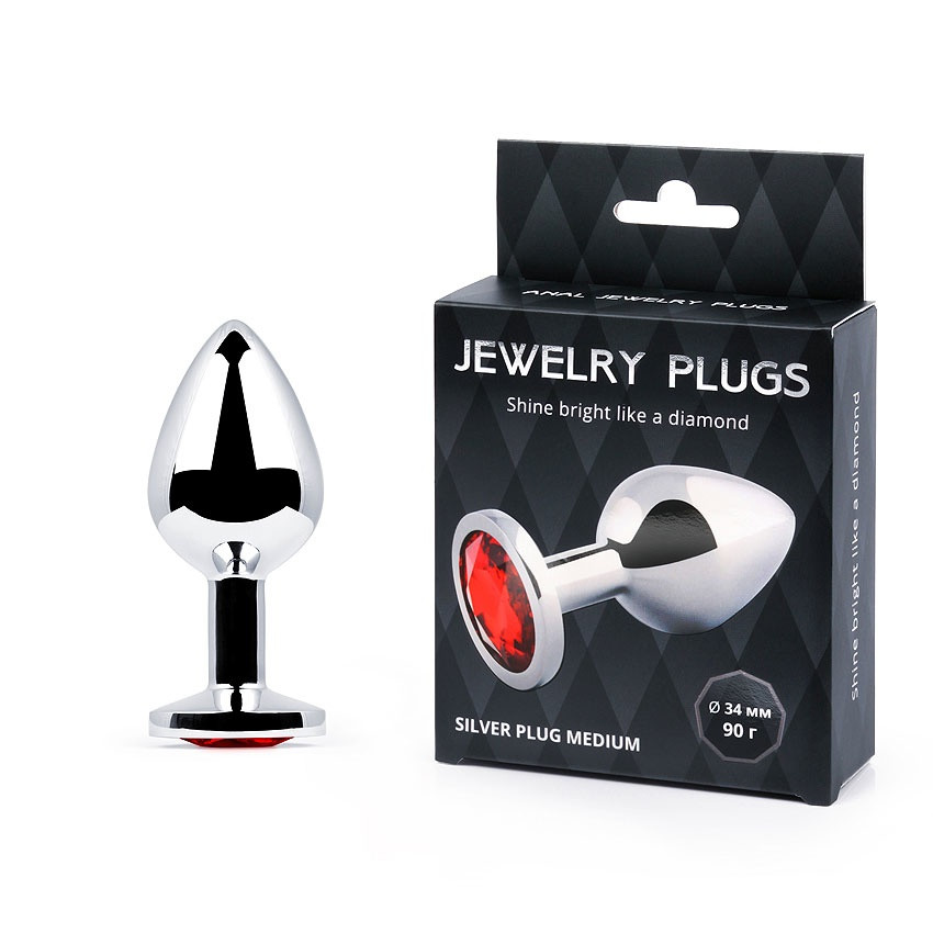Металева Анальна пробка із кристалом колір кристалу червоний SILVER PLUG MEDIUML 82 мм, D 34 мм, вага 90г