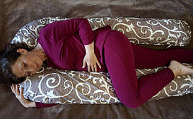 Кольорова U образна подушка для вагітних з наволочкою, довжина 170см. Шоколадний фон і світлий вензель