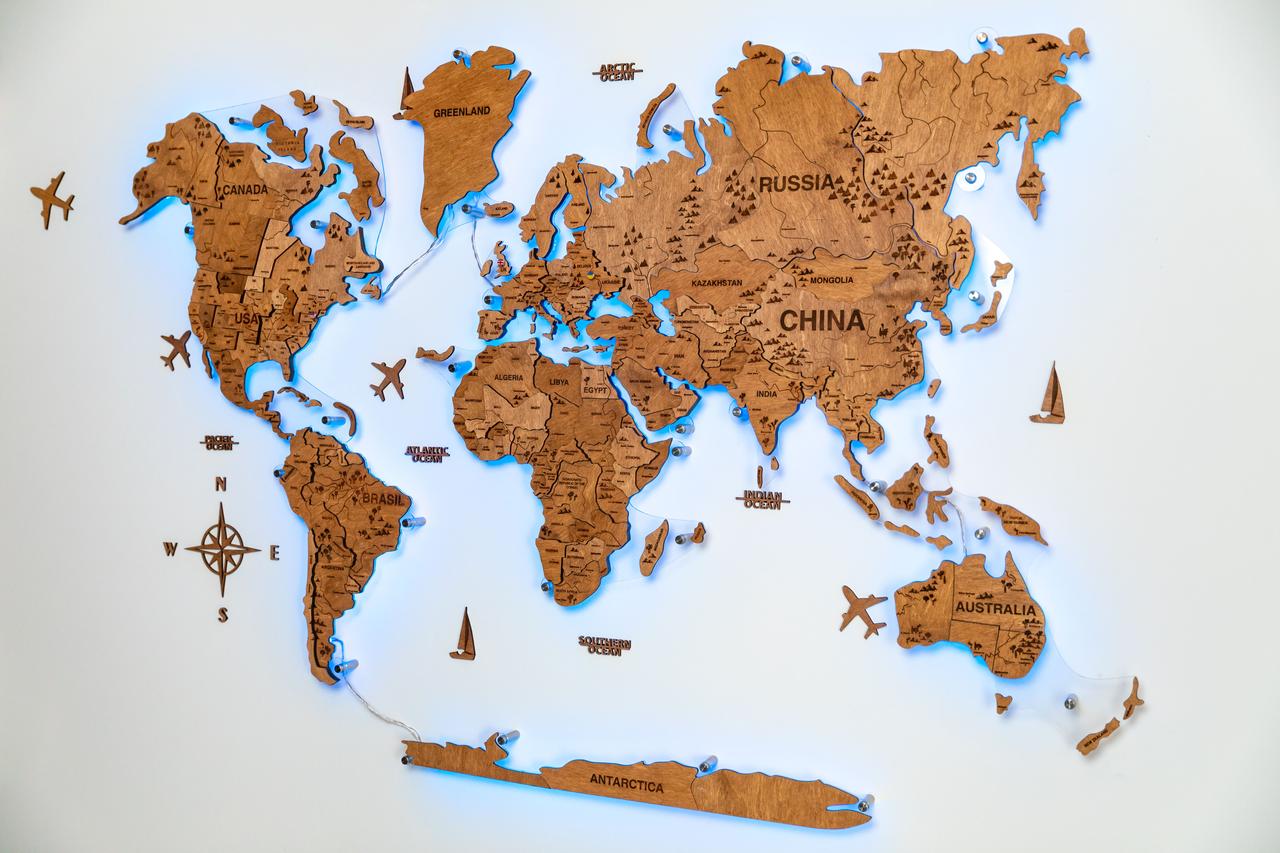 Деревянная Карта Мира на стену с подсветкой Peanut | Купить панно карту ...