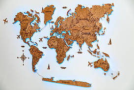 Дерев'яна карта світу на стіні з підсвічуванням Peanut