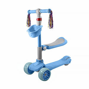 Дитячий самокат Lesko BAQ-518 Blue триколісний 2 в 1 з сидінням світлілих колесами
