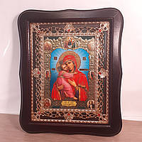 Икона Владимирская Пресвятая Богородица, лик 15х18 см, в темном деревянном киоте с камнями