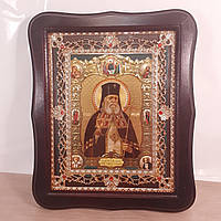 Икона Лука святой архиепископ Крымский, лик 15х18 см, в темном деревянном киоте с камнями