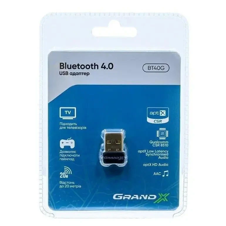 Блютуз адаптер для ПК Grand-X BT40G aptX USB, юсб переходник/приемник ...