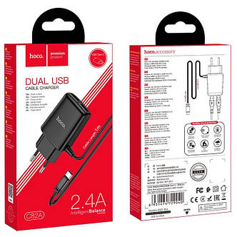 Зарядний пристрій Hoco C82A Real power 2 USB-порти EU штекер із вбудованим кабелем Type C, фото 2