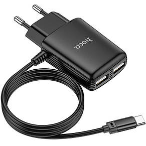 Зарядний пристрій Hoco C82A Real power 2 USB-порти EU штекер із вбудованим кабелем Type C, фото 2