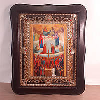 Икона Собор всех Святых, лик 15х18 см, в темном деревянном киоте с камнями